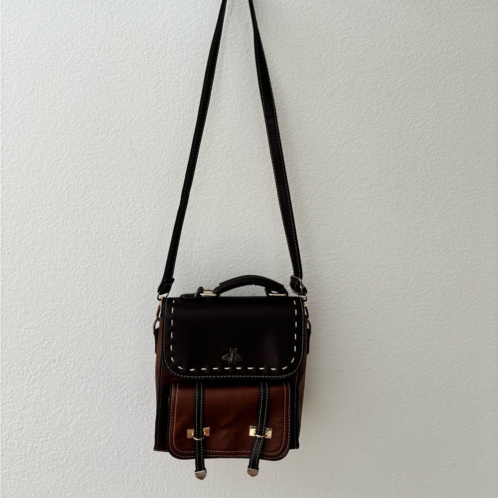 Whimsical Two Toned Brown Faux Leather Women's Handbag Gold Accents-Bee Hardware